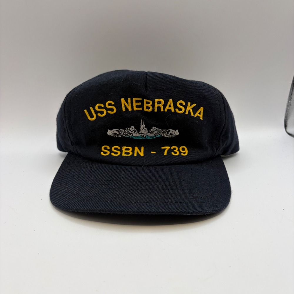 Vintage USS Nebraska SSBN-739 Submarine Hat Navy Blue Made in USA Snapback Cap